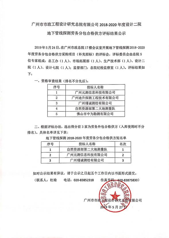 广州市政总院2018-2020年度地下管线探测劳务分包合格供方资格审查结果公示